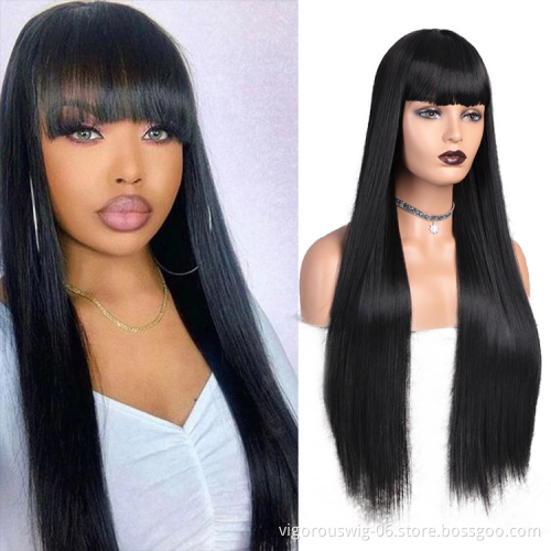 Vigorous 28 inches Long Straight Black Wig Lace Heat Resistant Synthetic Wig With Bangs Natural Hair Wig for Black Women